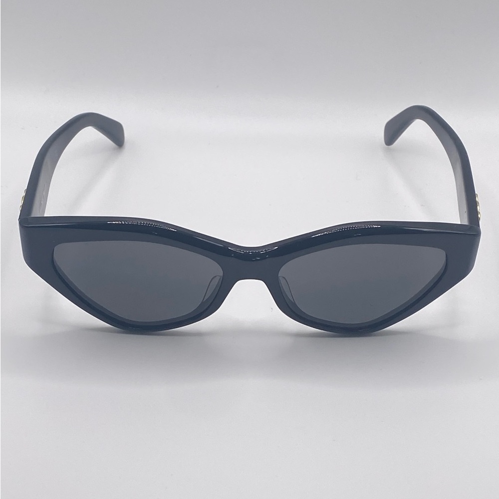 Celine Triomphe Cat-Eye Sunglasses Shiny Black Grey Lenses Gold Emblem 56-16-140 - Picture 2 of 5